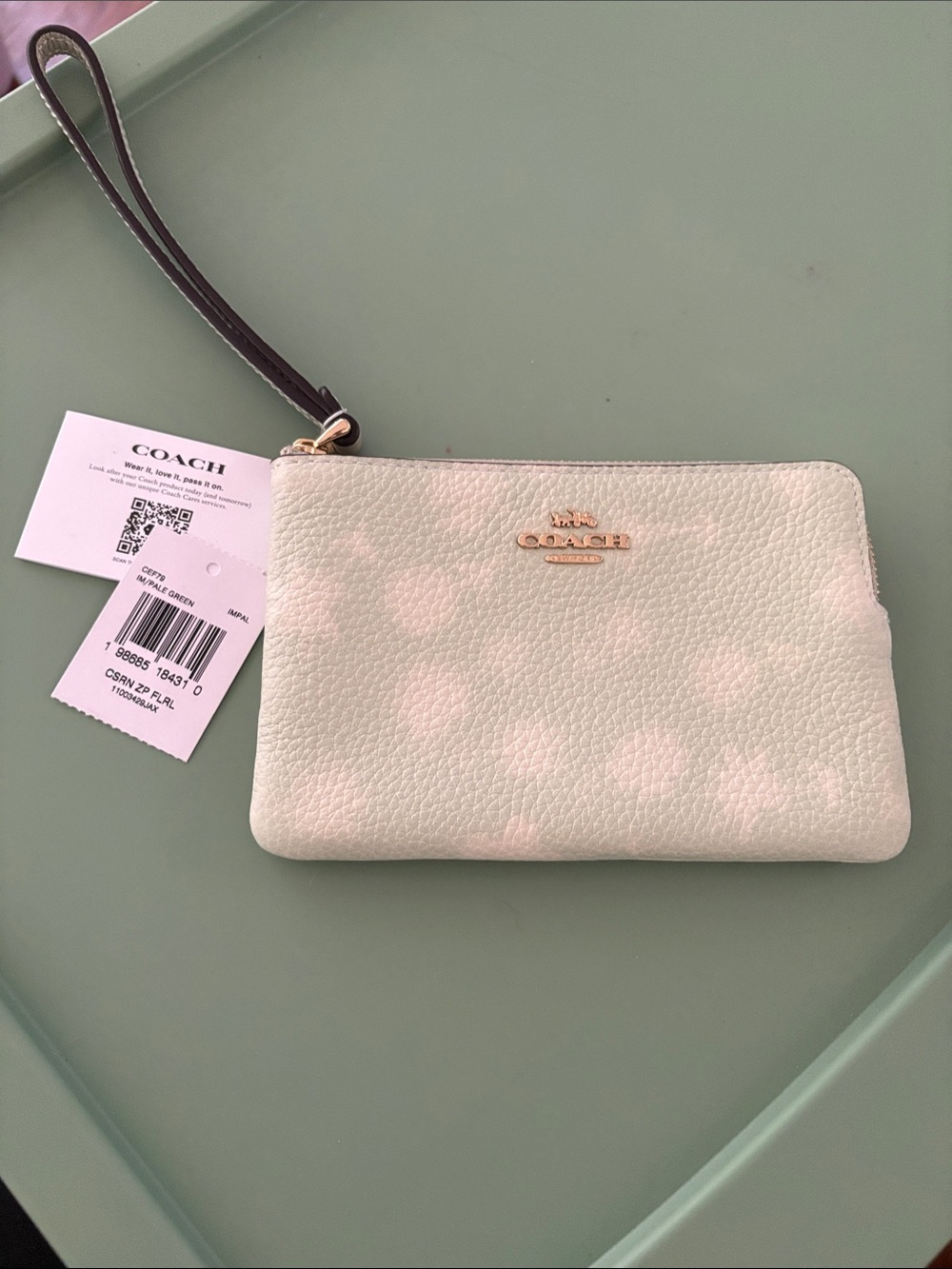 Coach Green & WhitePebbled Leather Wristlet with Gold Logo and green Strap